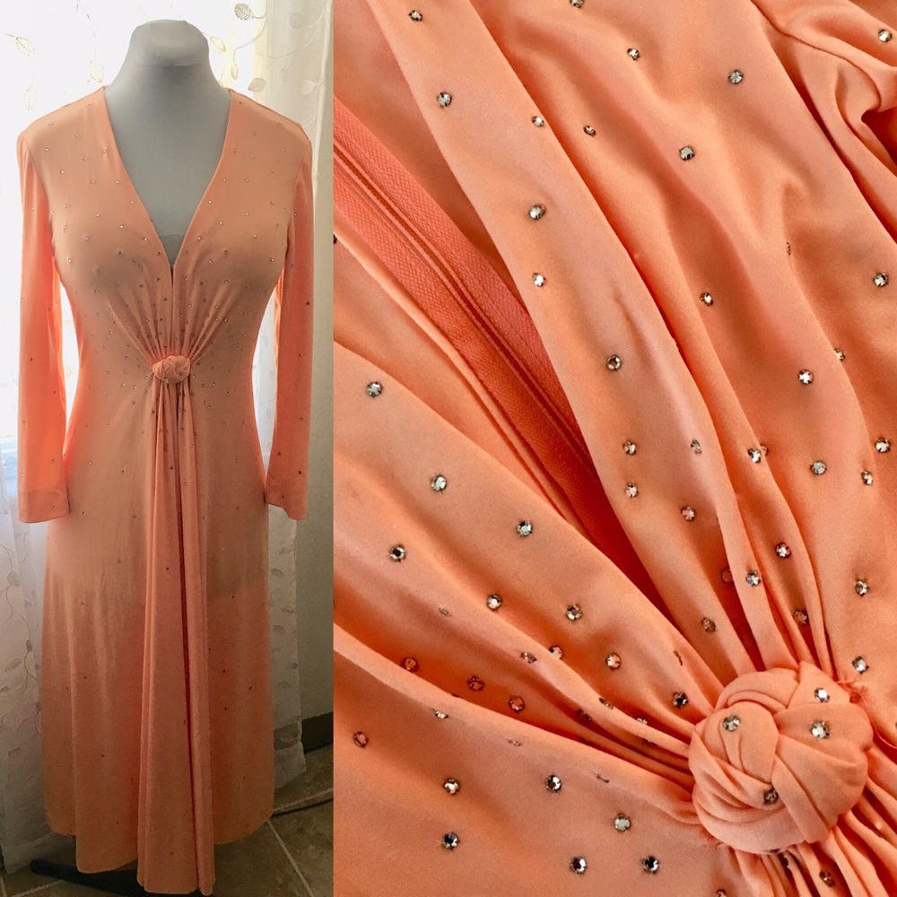 Vintage 70s Embellished Evening Dress *Medium* TALLY Coral Knit Gown
